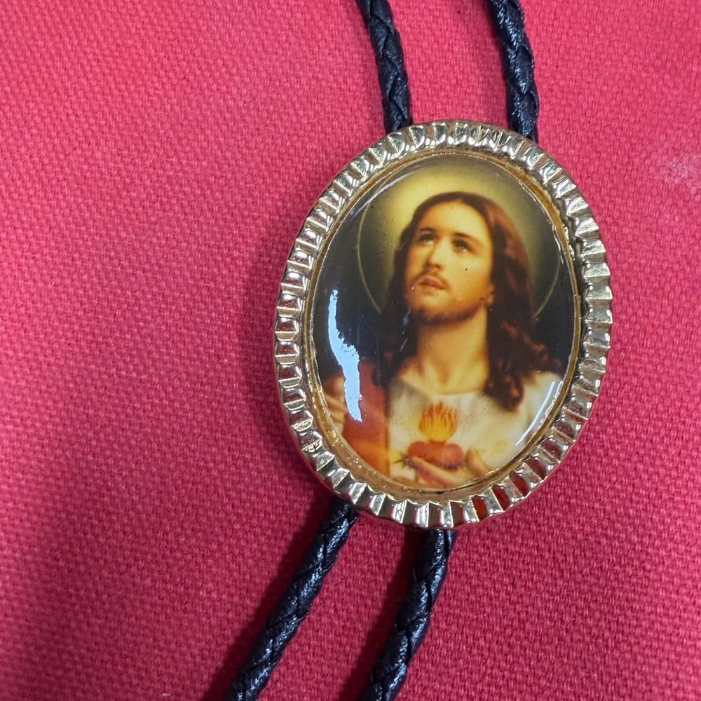 Bolo Tie Goldtone Framed Jesus Goldtone Metal Decorative Tips Black Cord